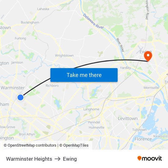 Warminster Heights to Ewing map