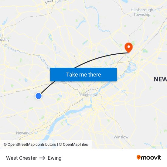 West Chester to Ewing map