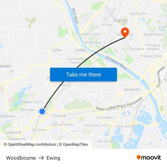 Woodbourne to Ewing map