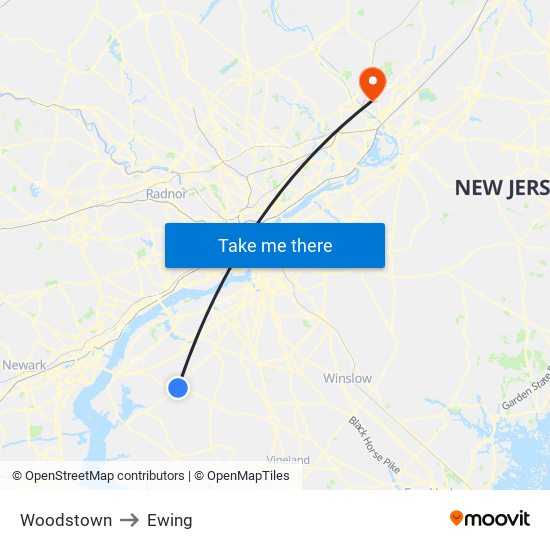 Woodstown to Ewing map