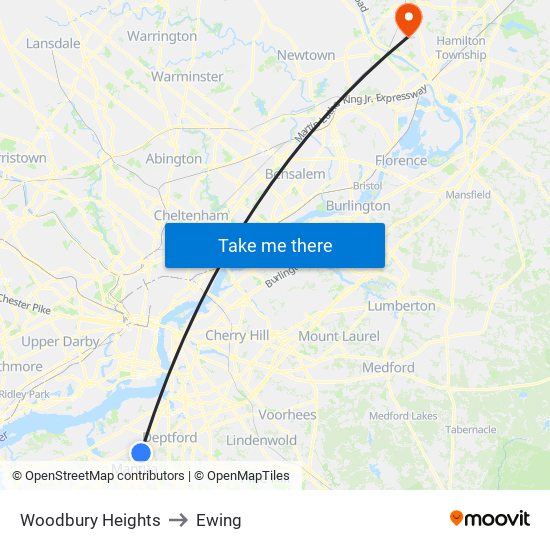 Woodbury Heights to Ewing map