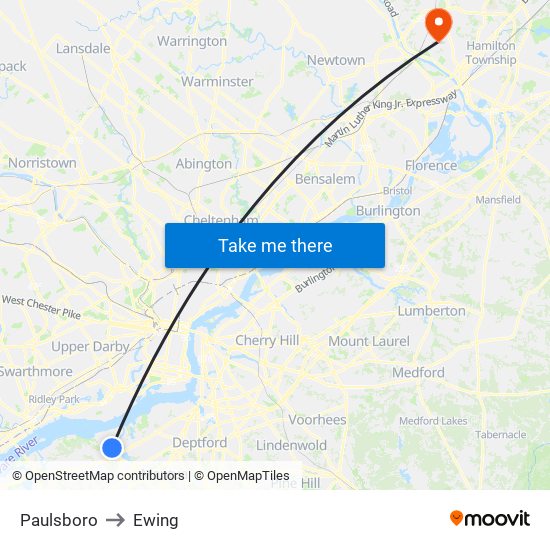 Paulsboro to Ewing map