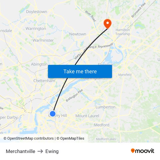 Merchantville to Ewing map