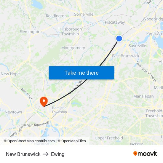 New Brunswick to Ewing map