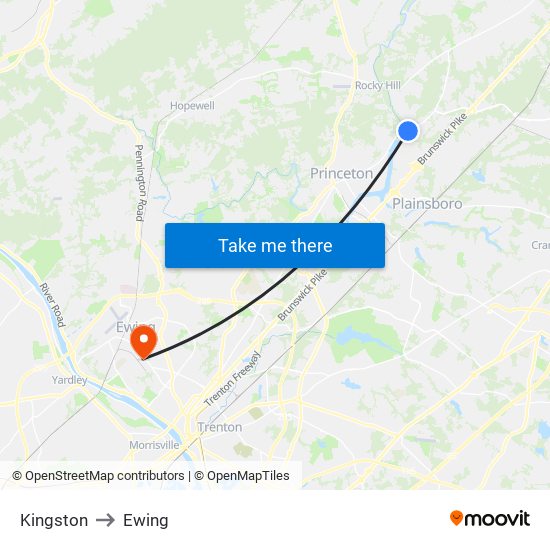 Kingston to Ewing map