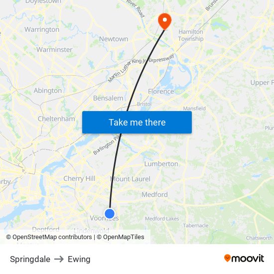 Springdale to Ewing map