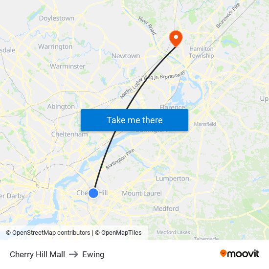 Cherry Hill Mall to Ewing map