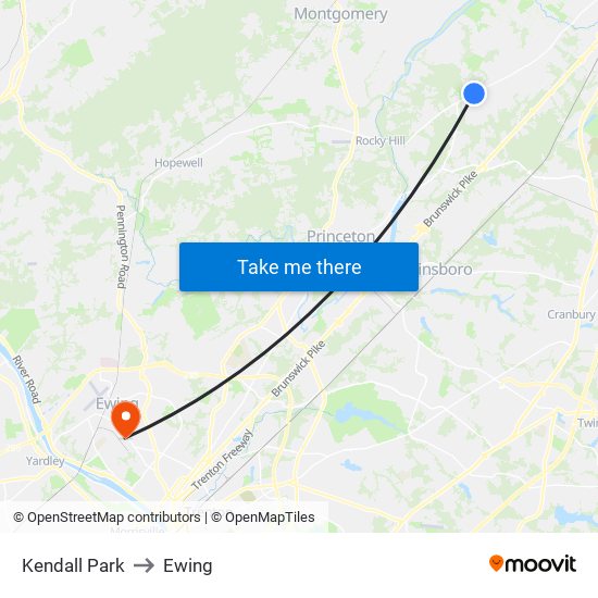 Kendall Park to Ewing map