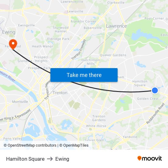 Hamilton Square to Ewing map