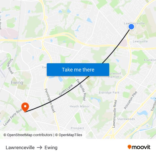 Lawrenceville to Ewing map