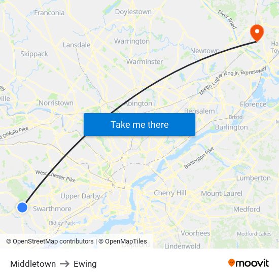 Middletown to Ewing map