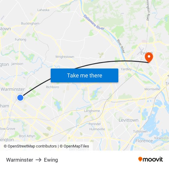 Warminster to Ewing map