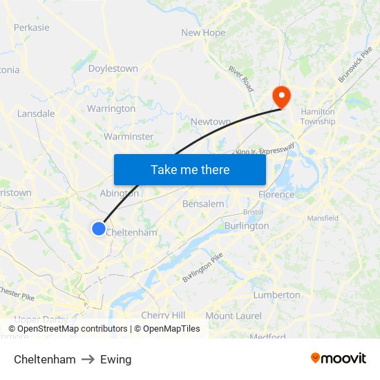 Cheltenham to Ewing map