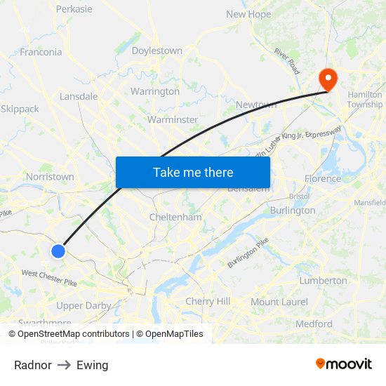 Radnor to Ewing map