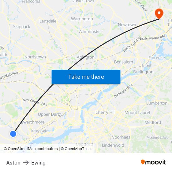 Aston to Ewing map