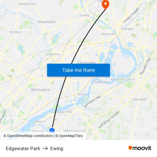 Edgewater Park to Ewing map