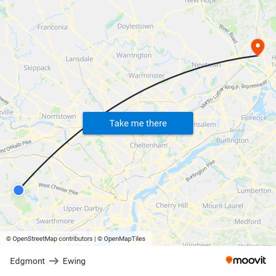 Edgmont to Ewing map