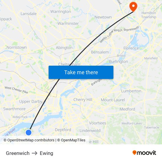 Greenwich to Ewing map