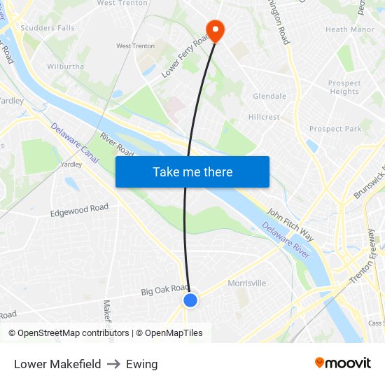 Lower Makefield to Ewing map