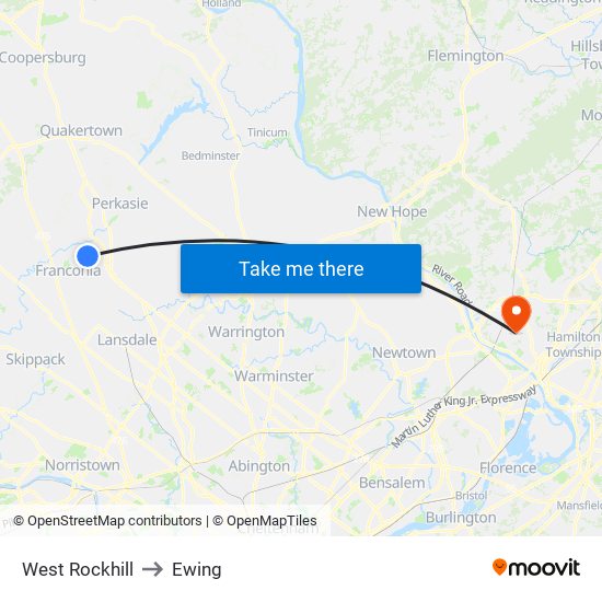 West Rockhill to Ewing map