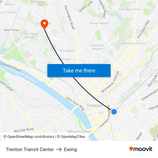 Trenton Transit Center to Ewing map