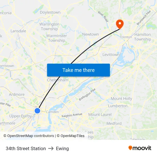 34th Street Station to Ewing map