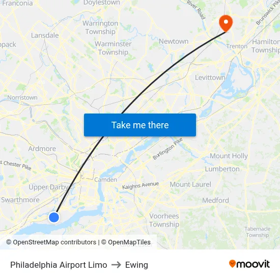 Philadelphia Airport Limo to Ewing map