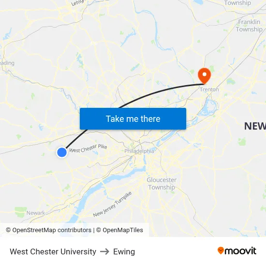 West Chester University to Ewing map