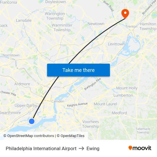 Philadelphia International Airport to Ewing map