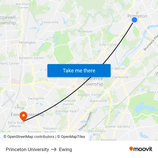 Princeton University to Ewing map