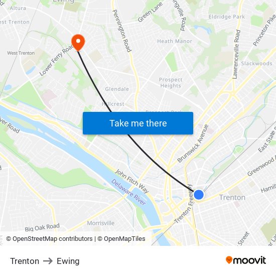 Trenton to Ewing map