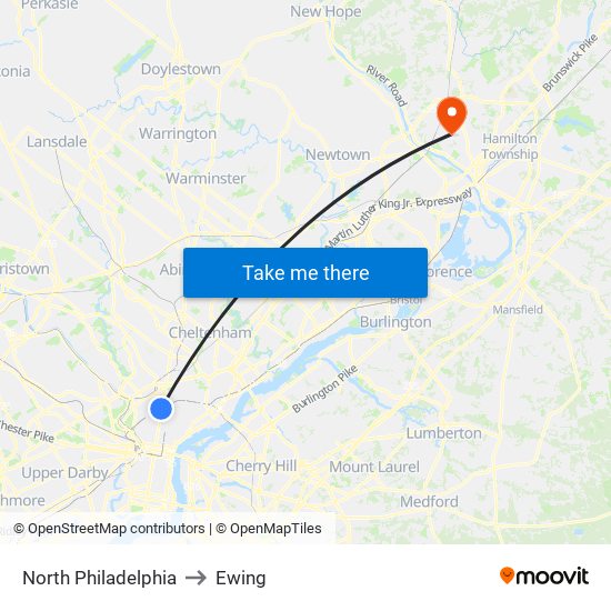 North Philadelphia to Ewing map