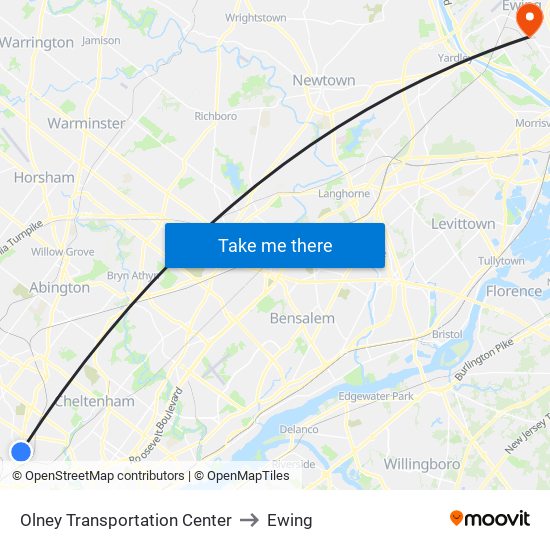 Olney Transportation Center to Ewing map