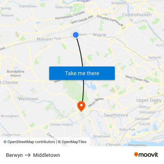 Berwyn to Middletown map