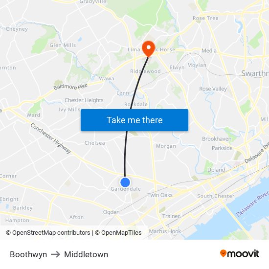 Boothwyn to Middletown map