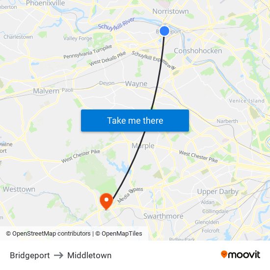 Bridgeport to Middletown map