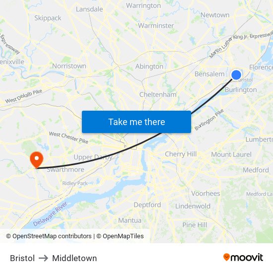 Bristol to Middletown map