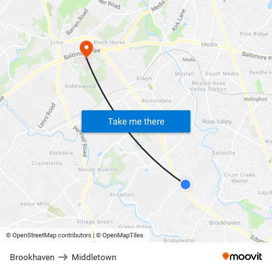 Brookhaven to Middletown map