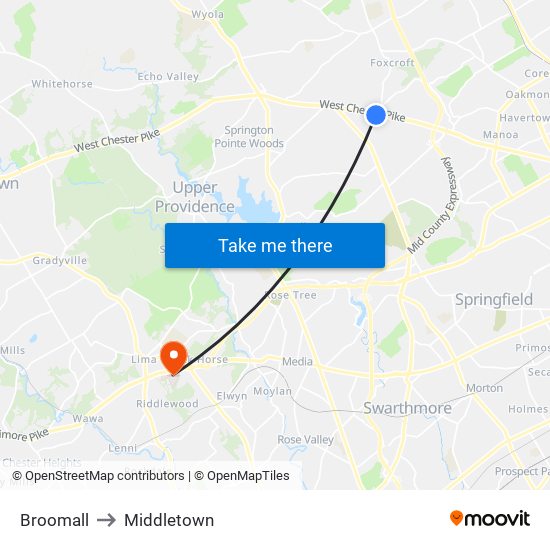 Broomall to Middletown map