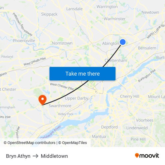 Bryn Athyn to Middletown map