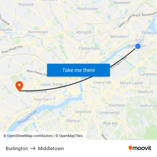 Burlington to Middletown map