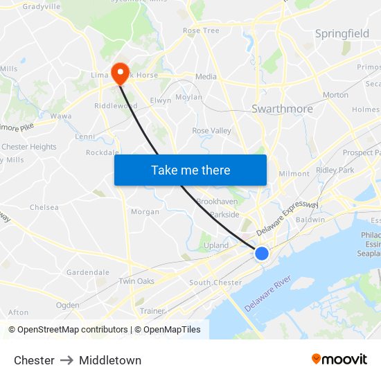 Chester to Middletown map