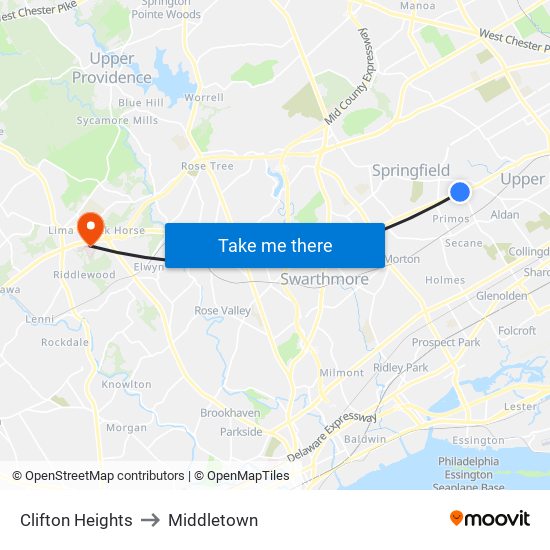 Clifton Heights to Middletown map