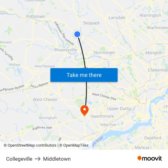 Collegeville to Middletown map