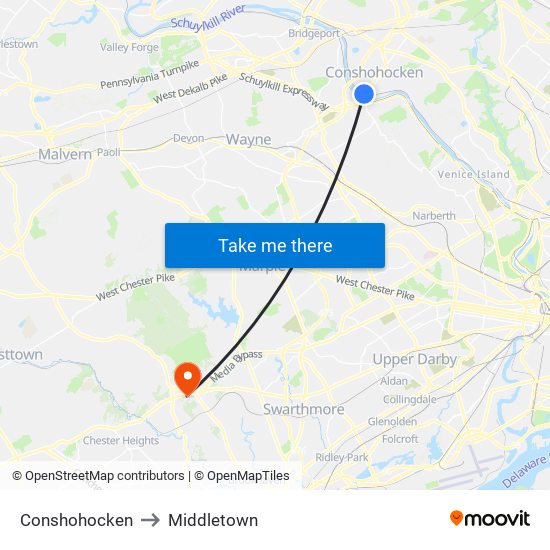 Conshohocken to Middletown map