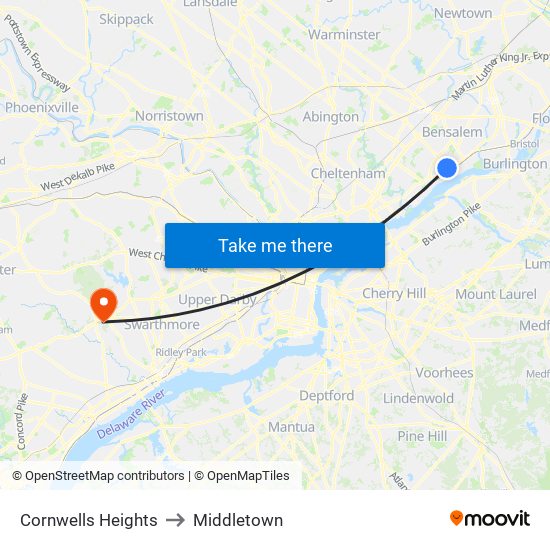 Cornwells Heights to Middletown map