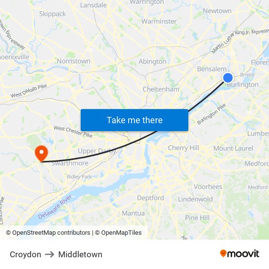 Croydon to Middletown map