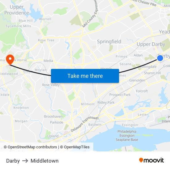 Darby to Middletown map