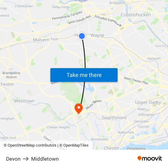 Devon to Middletown map