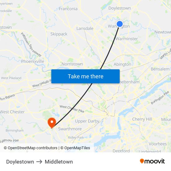 Doylestown to Middletown map